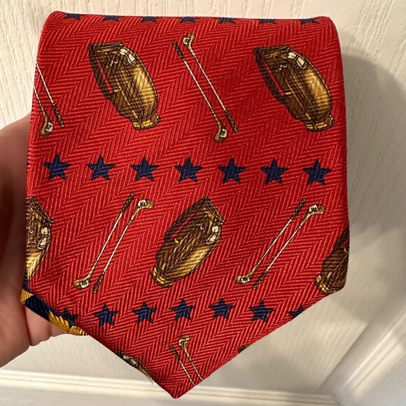 Tommy Hilfiger | VTG Red Men's Tie 100% Imported Silk Golf Italy Made USA Stripe - Picture 9 of 11